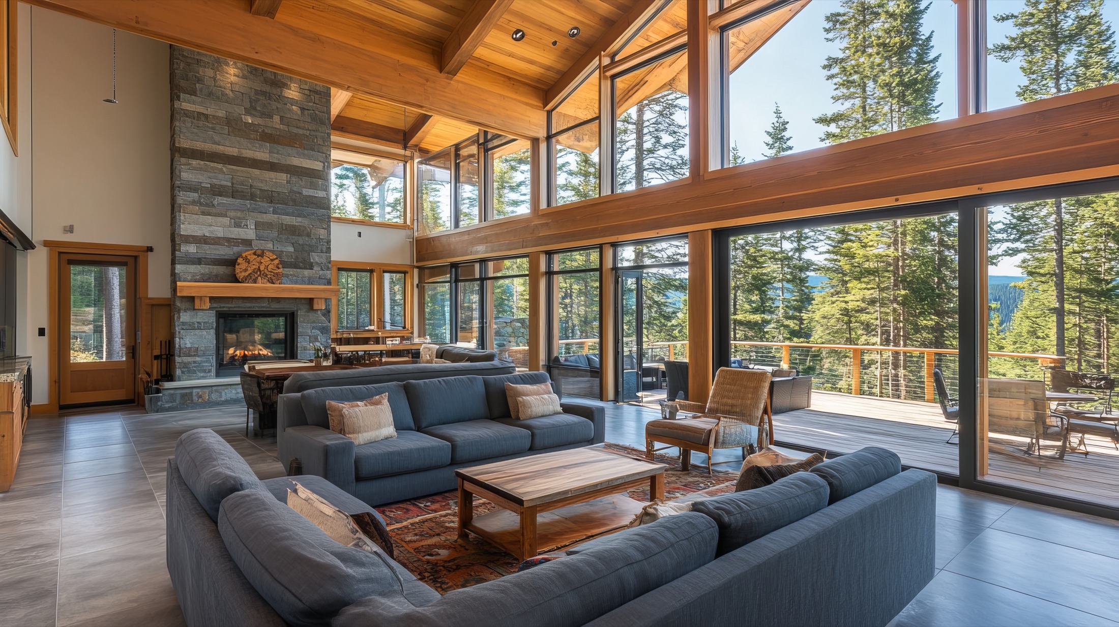 Luxury mountain chalet interior with floor-to-ceiling windows and forest views
